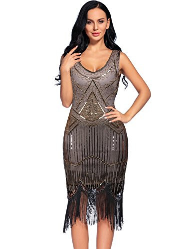 Plus Size 1920s Vintage Fringed Gatsby Sequin Beaded Tassels Hem Flapper Dress for Women (Beige Gold, XX-Large) | Amazon (US)