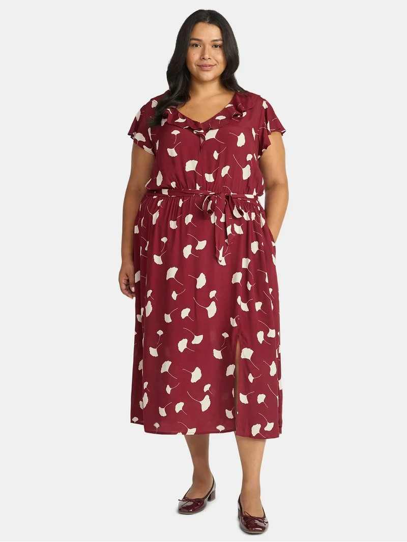 Time and Tru Women's and Women's Plus Ruffle Midi Dress with Flutter Sleeves, Sizes XS-4X | Walmart (US)
