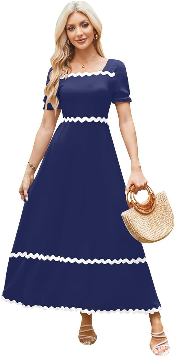 Summer Dresses for Women Summer Casual Short Puff Sleeve Square Neck Rickrack Smocked Dress A-Lin... | Amazon (US)