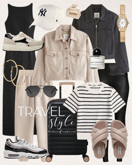 Shop these travel outfit airport looks! Abercrombie jumpsuit, denim jacket, striped sweater tee,  joggers, striped midi dress Walmart Fashion faux leather leggings, Platform sneakers, Nike Air Max 95, Steve Madden Slide sandals, carry on luggage and more! 

#LTKtravel #LTKstyletip #LTKMostLoved