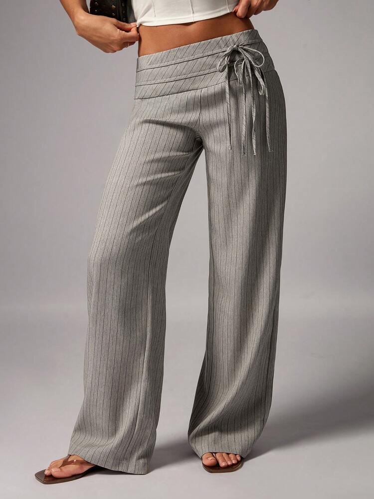 Avenya Striped Low Waist Wide Leg Maxi Pants With Dual Waist Tie Decoration, Minimalist Elegant Commuter Casual Straight-Leg Suit Pants Loose-Fit Pants, Autumn/Winter,Fall, Old Money, Thanksgiving, Elegant | SHEIN