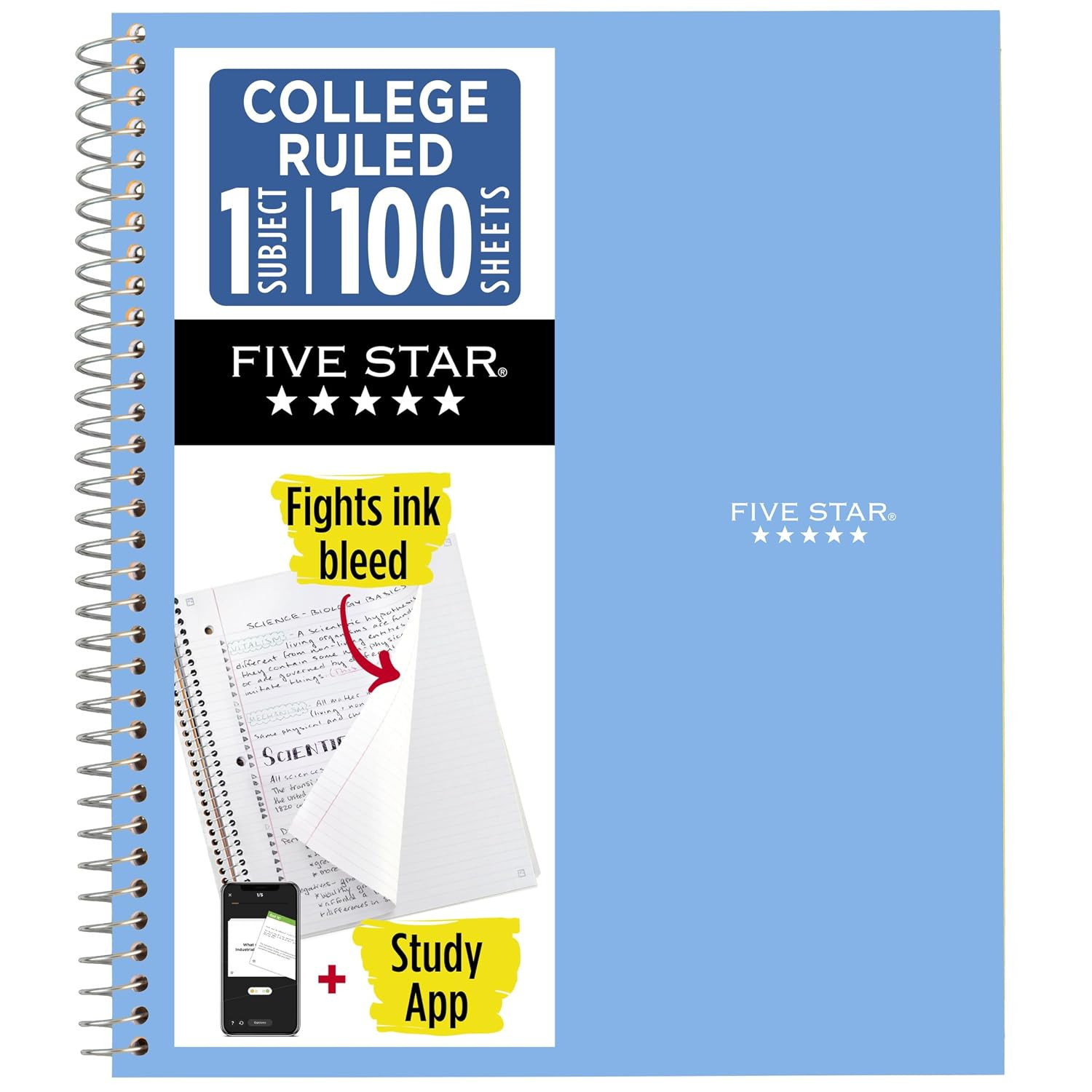 Five Star Spiral Notebook + Study App, 1 Subject, College Ruled Paper, 8.5" x 11", 100 Sheets, Bl... | Amazon (US)