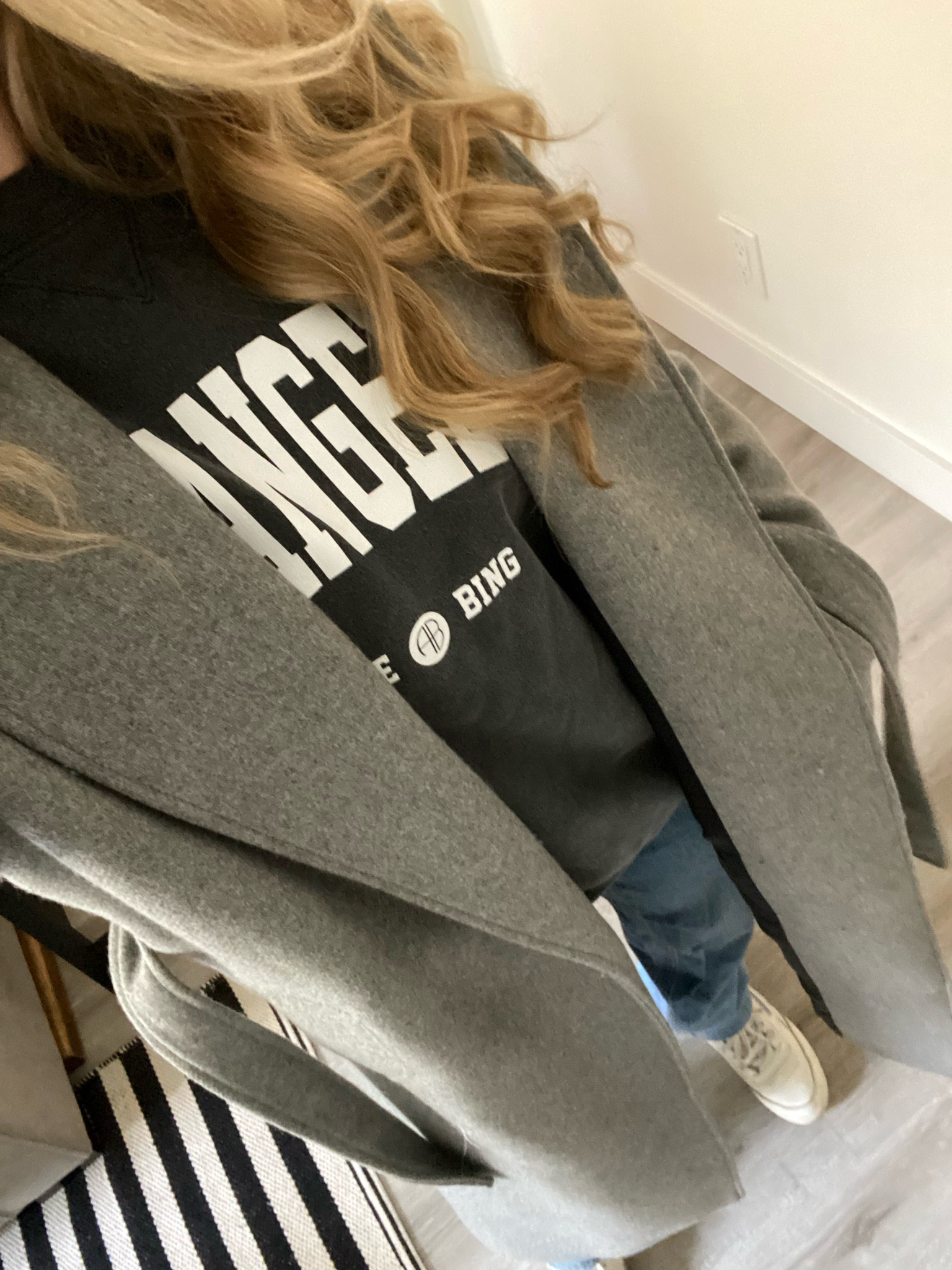 comfy cozy layers today in LA ft. my all time fav anine bing sweatshirt and my favorite wool coat (from zara - linking similiar) 🥰 