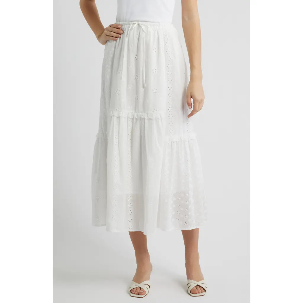 All in Favor Ruffle Embroidered Eyelet Tiered Maxi Skirt in Off White at Nordstrom Rack, Size X-Small | Nordstrom Rack