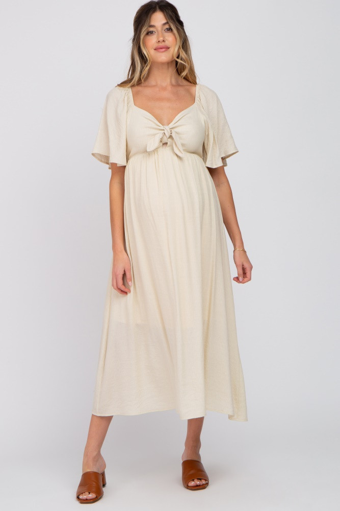 Beige Front Tie Ruffle Sleeve Maternity Midi Dress | PinkBlush Maternity