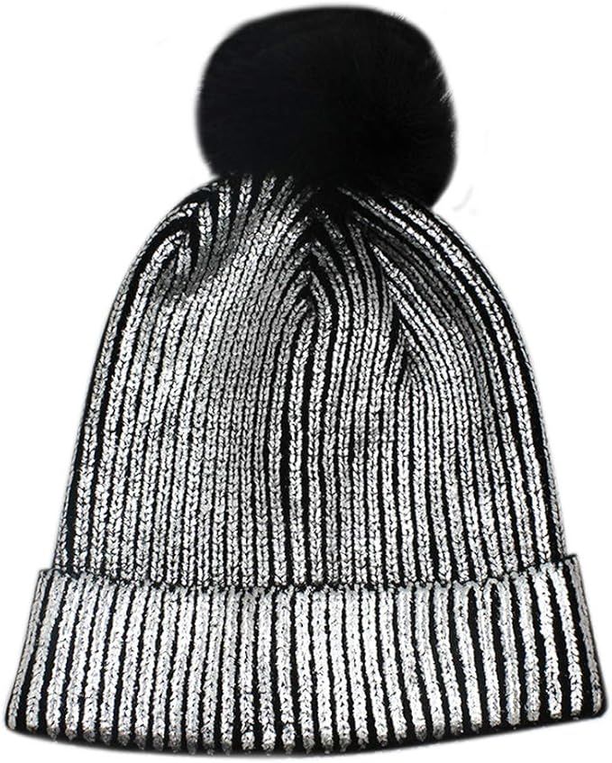 Women Girls Metallic Winter Hat Soft Warm Knitted Beanie Pom Pom Skull Cap | Amazon (US)