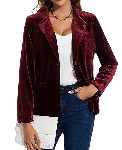 MINTLIMIT Velvet Blazers for Women Long Sleeve Notched Lapel Button Pockets Suit Blazer Classic Casual Formal Jacket Blazers, L, Wine Red | Amazon (US)