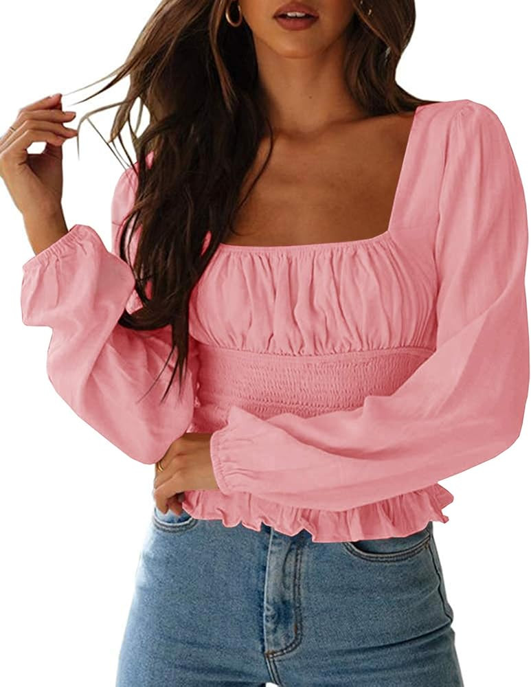 CNJFJ Women's Sexy Frill Smock Crop Top Retro Square Neck Long Sleeve Shirred Blouse Tops | Amazon (US)