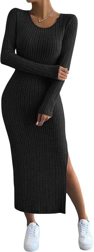Women's Ribbed Knit Long Sleeve Fall Dress Split Bodycon Long Sweater Dress
Material: Spandex, Cotto | Amazon (US)