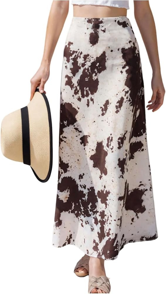 Floerns Women's Cow Print Maxi Skirt Elastic Waist Flowy Going Out Long Skirt | Amazon (US)