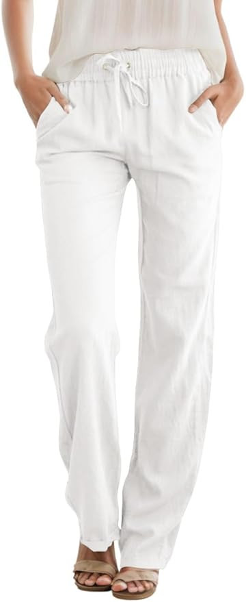 Womens High Waist Casual Pants Drawstring Straight Leg Vacation Comfy Lounge Pocket Linen Trouser... | Amazon (US)