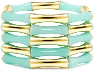Gold Tube Bangle Bracelets for Women Stackable Bamboo Chunky Acrylic Beads Stretch Friendship Sum... | Amazon (US)