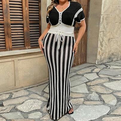 Plus Size 1 Set Boho V-Neck Criss-Cross Strap Batwing Sleeve Short Knit Top And High Waist Fitted Fishtail Hem Elegant Skirt, For Summer | SHEIN