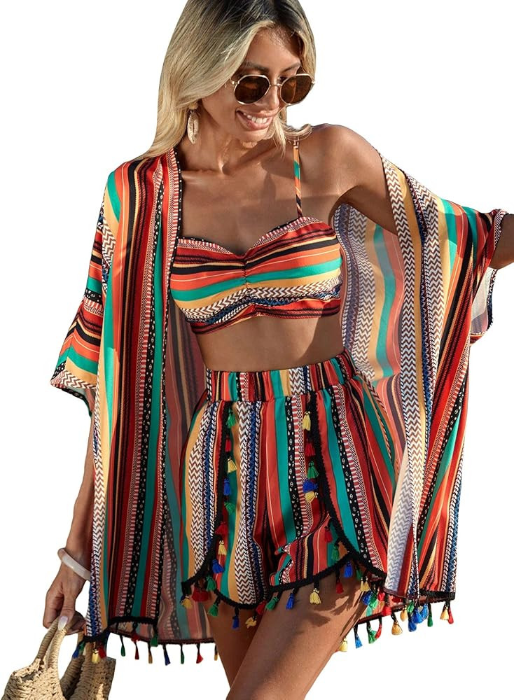 Verdusa Women's 3 Piece Outfits Short Sleeve Open Front Kimono and Boho Cami Top and Tassel Trim ... | Amazon (US)