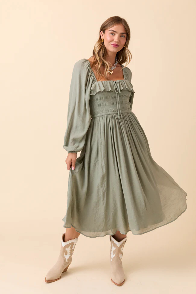 Summer Olive Smocked Maxi Dress SALE | Pink Lily