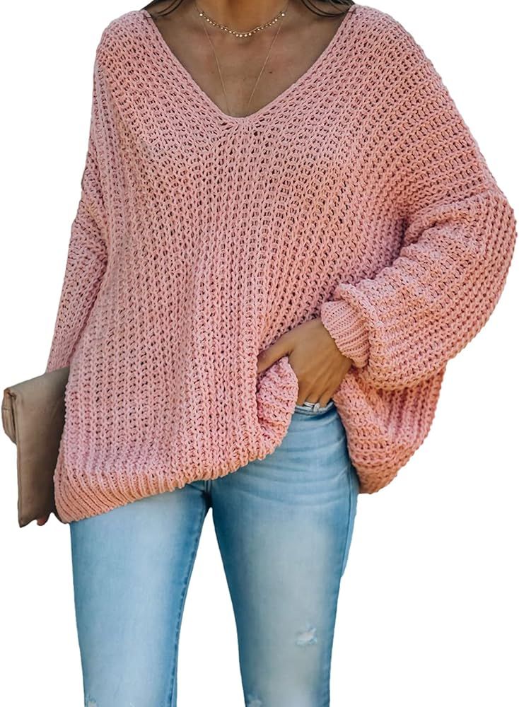Pink Queen Women's V Neck Knit Sweater Oversized Batwing Long Sleeve Ribbed Pullover Jumper Tops | Amazon (US)
