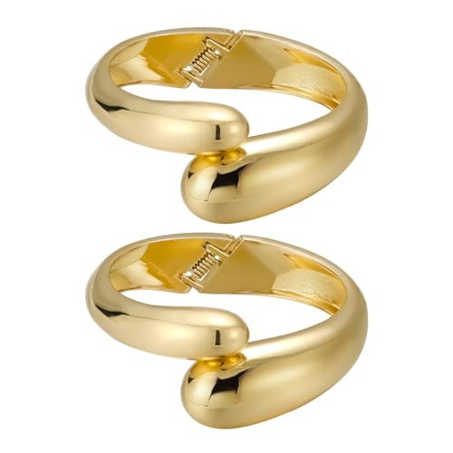 Emibele Gold Bangle Cuff Bracelet Stack, Chunky 18K Gold Plated Teardrop Hinged Thick Bangle Bracelet Set, Non Tarnish Gold Bracelets for Women, 2 Pack, Gold | Amazon (US)