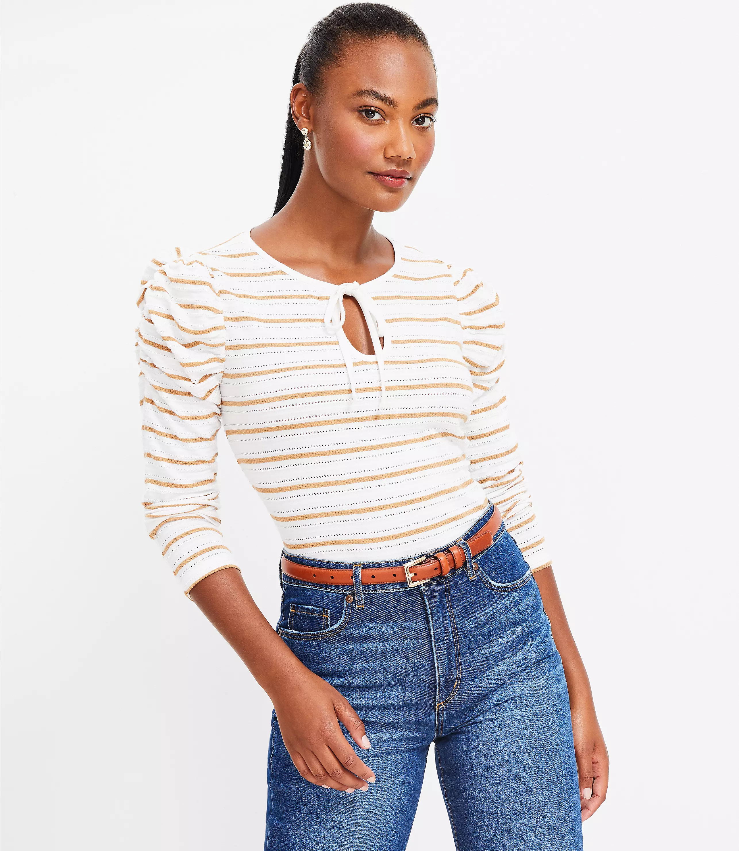 Striped Jacquard Tie Keyhole Ruched Sleeve Top | LOFT