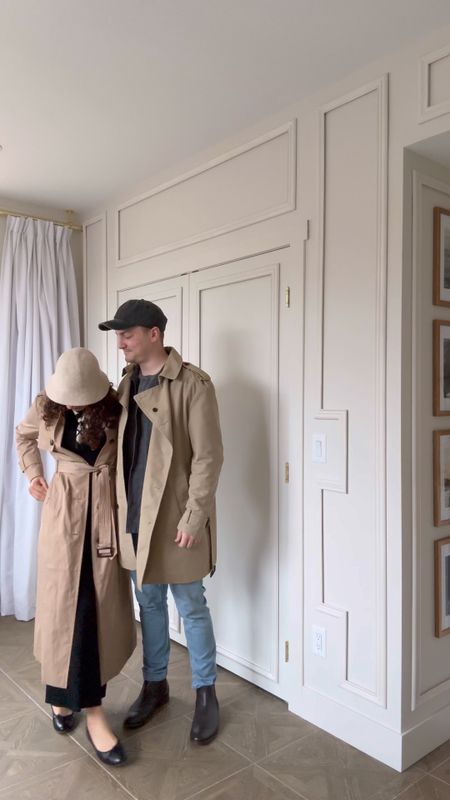 The couple that wears trench coats together stays together 😉 
Mens fashion outfit idea: Chelsea boots, trench coat, chore jacket, knit shirt, and baseball cap!

#LTKmens