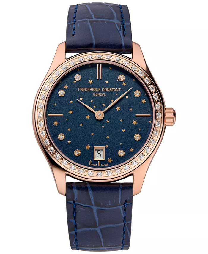 Women's Swiss Classic Diamond (3/8 ct. t.w.) Navy Leather Strap Watch 36mm | Macys (US)