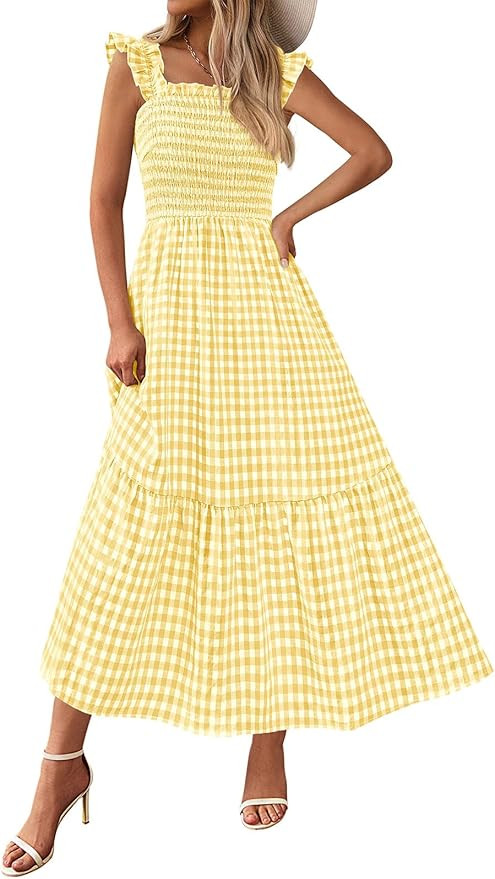 PRETTYGARDEN Womens Summer Dress Casual Square Neck Ruffle Strap Gingham Smocked Midi Flowy A Lin... | Amazon (US)