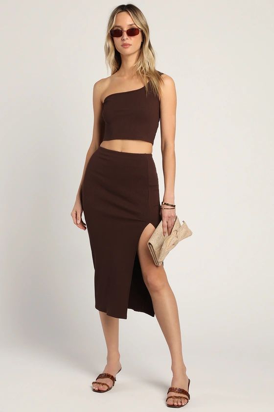 Phenomenal Style Brown Ribbed One-Shoulder Two-Piece Midi Dress | Lulus (US)