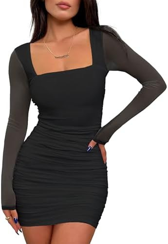 Prinbara Womens Mesh Long Sleeve Square Neck Ruched Mini Dress Sexy Bodycon Elegant Cocktail Even... | Amazon (US)