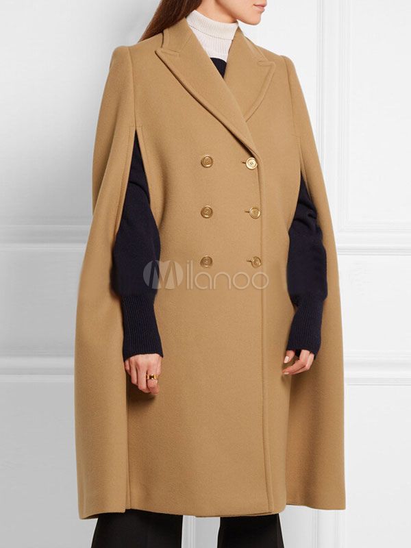 Poncho Wool Coat Women's Double Breasted Oversize Longline Poncho Cape Coat | Milanoo