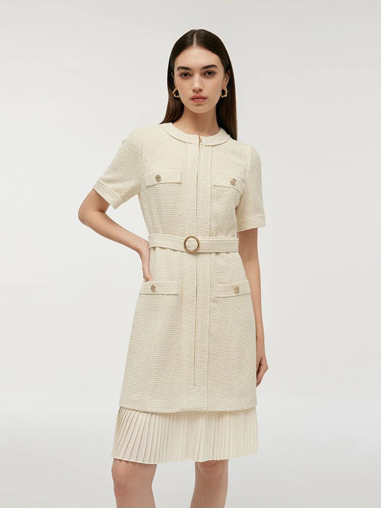 Wool Blend Tweed Women Mini Dress With Belt | GOELIA