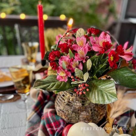 Set a gorgeous outdoor dining table for fall or Thanksgiving with a beautiful plaid blanket scarf as the creative table runner. A farmhouse wire basket holds a bouquet of red mums and pink flowers. Fall candles in black iron candlesticks light the table along with string lights. Faux white mums, wheat bundles and fall ribbon add to the tablescape. Woven placements, white porcelain dishes and gold linen napkins create the place settings with amber stemware and flatware.

#LTKhome #LTKHoliday #LTKSeasonal