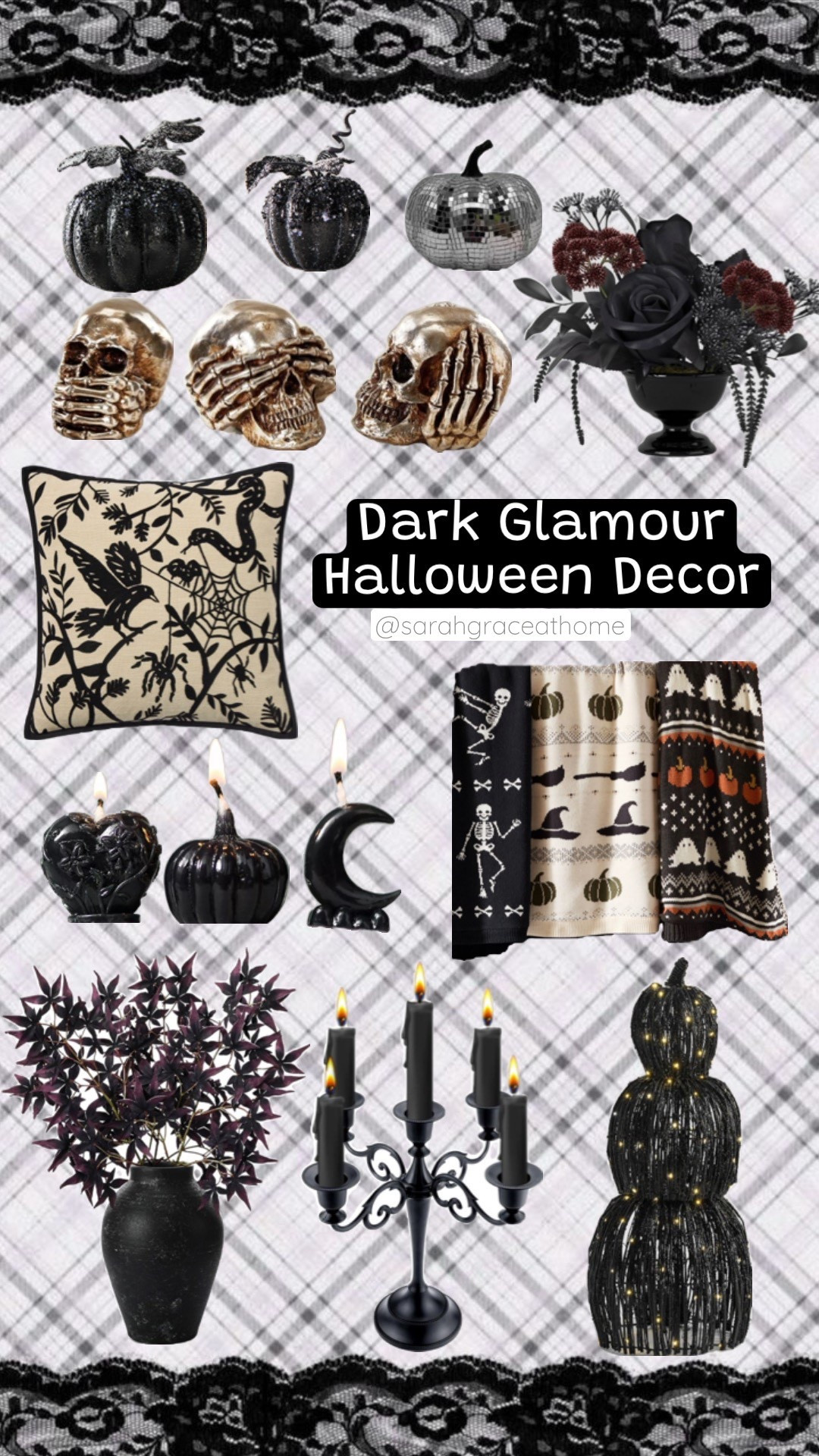 Dark Glamour Halloween Decor Inspiration | Elegant Gothic Home Styling

Get inspired by this moody and luxurious Dark Glamour Halloween Decor collection featuring chic and stylish gothic touches perfect for an elevated spooky season. This aesthetic blends vintage gothic charm with modern glam—ideal for those who love witchy home decor with a romantic dark twist.

🖤 Key features include:
	•	Black glitter pumpkins & metallic disco pumpkin for sparkle and texture
	•	Gold skulls with skeleton hands for a dramatic statement piece
	•	Velvet black floral arrangement and plum-toned foliage for a romantic gothic vibe
	•	Elegant candelabra with black taper candles for haunted mansion elegance
	•	Halloween throw blankets with skeletons, pumpkins, and witch hats for cozy vibes
	•	Black wax candles in moon, pumpkin, and skull shapes for dark ambiance
	•	Black and cream spooky pillow with crows, spiders, and snakes – perfect for a witchcore aesthetic
	•	Light-up black string pumpkin tower for festive porch or entryway décor

Perfect for those who love:
	•	Dark feminine Halloween decor
	•	Glam goth and haunted Victorian style
	•	Witchy Halloween home ideas
	•	Elegant spooky season decorating
	•	Modern gothic fall vibes



#LTKHome #LTKSeasonal #LTKFallSale