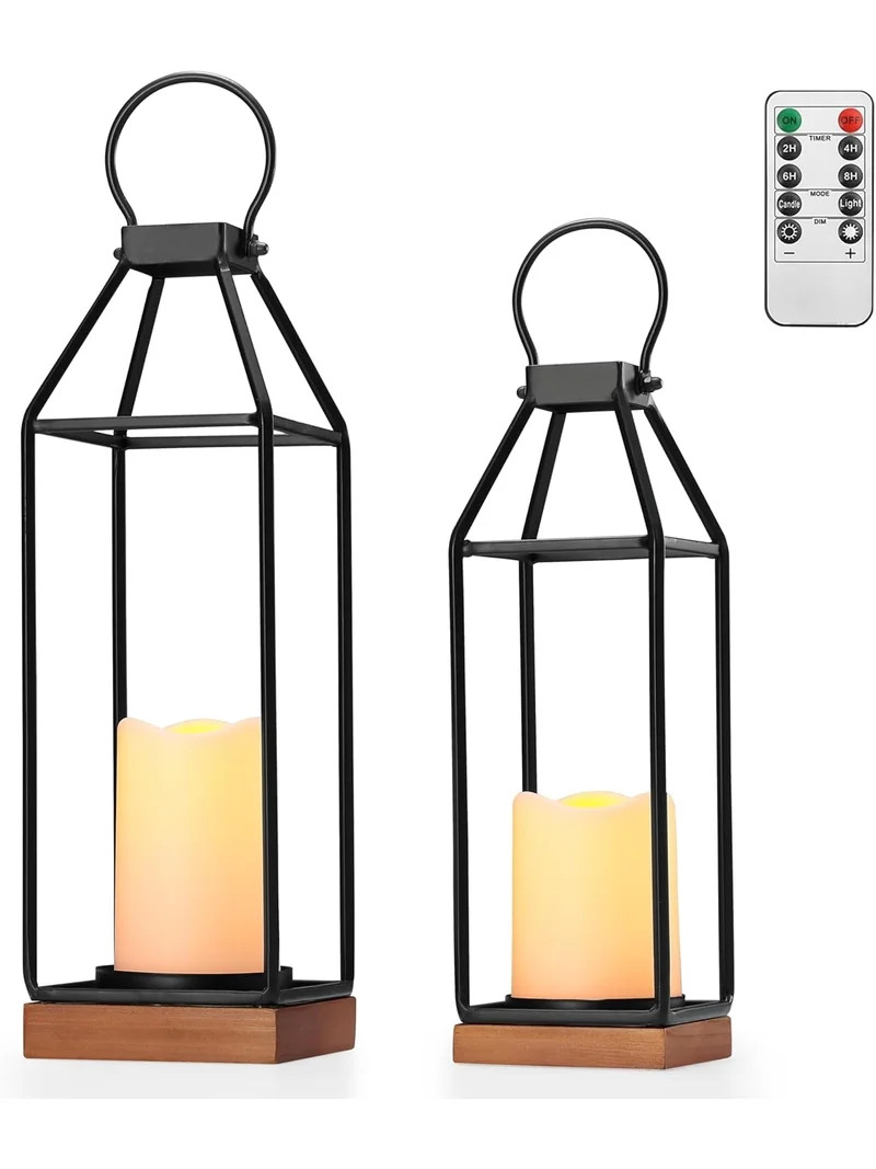 Perfnique Black Metal Lantern w/Wood, Set of 2 Rustic Lantern Decorative w/ Waterproof Flameless ... | Walmart (US)