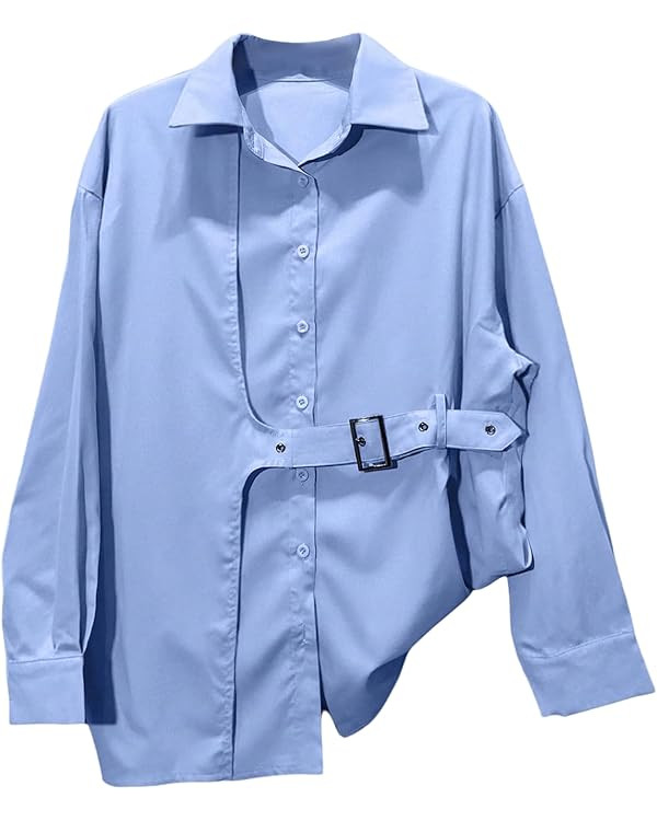 Verdusa Women's Oversized Button Down Shirts Asymmetrical Long Sleeve Shirt Buckle Dressy Casual ... | Amazon (US)