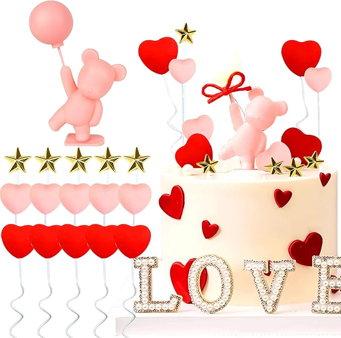 LaVenty 16 PCS Teddy Bear Valentines Day Cake Decoration Heart Love Cake Topper Heart Rose Cake D... | Amazon (US)
