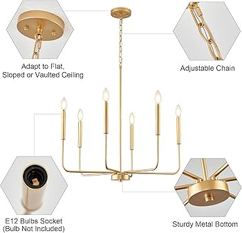 Modern Gold Chandelier for Dining Room,Metal 6-Light Kitchen Light Fixtures,Farmhouse Candle Hang... | Amazon (US)