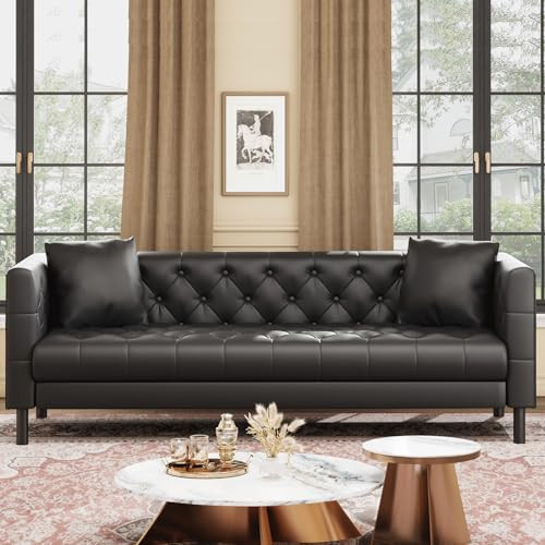 GarveeHome 81 in Leather Couch for Living Room, Modern Leather Sofa with Deep Seat, Handmade Button Tufted 3 Seater Sofa, Chesterfield Couch for Apartment or Office, Black | Amazon (US)