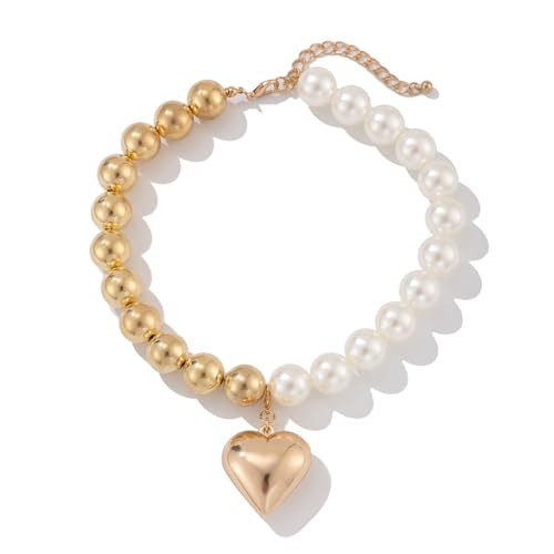Plated Silver Gold Chunky Heart Necklace for Women Puffy Heart Pearl Strand Necklace Choker Trendy Jewelry | Amazon (US)