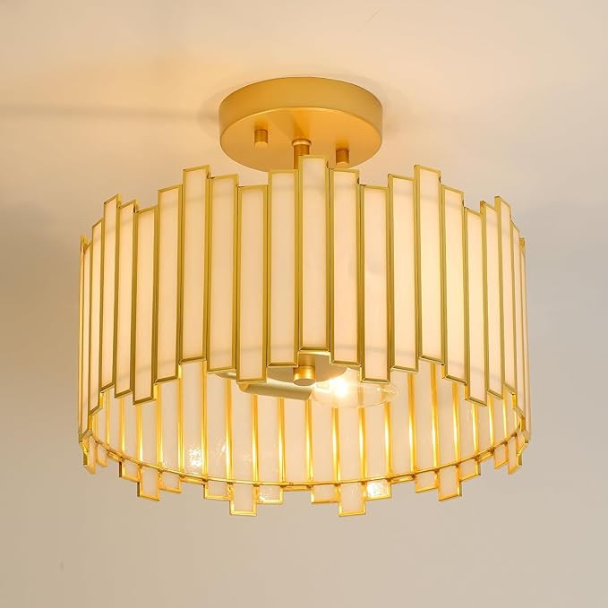 Gold Ceiling Light Fixture Drum Shape, 12.5” Modern Semi Flush Mount Tiffany Lamp with White Gl... | Amazon (US)