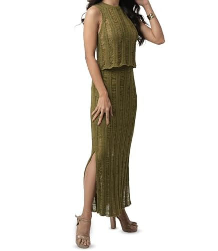 Novelle Fashion Skirt Sets Women 2 Piece Outfits in Large Size with Olive Green Color | Maxi Skirt Set with Sleevless Crop Tops & Midi Skirts | Two Piece Set Women in Open-Knit Design & Vertical slit | Amazon (US)