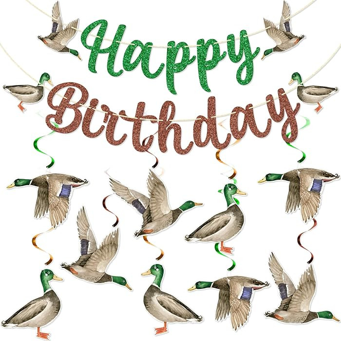 FOZEE Duck Hunting Birthday Banner, Mallard Duck Hanging Swirls, One Lucky Duck Birthday Decor, M... | Amazon (US)