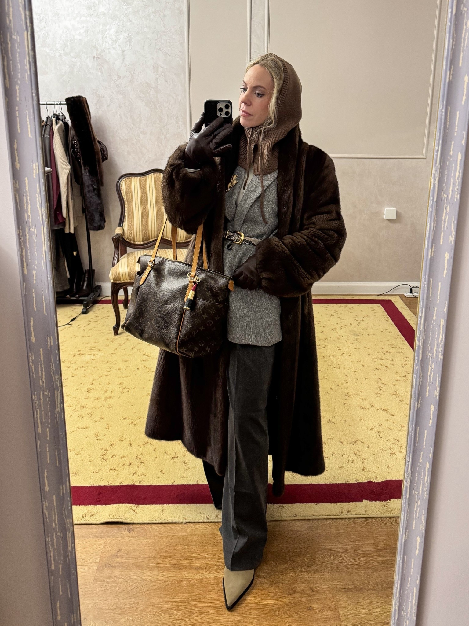 Winter workwear ootd, brown fur coat, balaclava, gray blazer, snakeskin belt, gray trousers, Louis Vuitton tote bag 

#LTKWorkwear #LTKOver40 #LTKootd