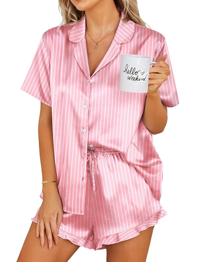 Ekouaer Womens Satin Pajamas Set Button Down 2 Piece Silk Pjs Shorts Set Ruffle Lingerie Notch Co... | Amazon (US)