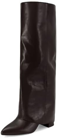 Dsevht Black Leather Knee High Boots for Women Fold Over Chunky High Heel Pull on Pointed Toe Tal... | Amazon (US)