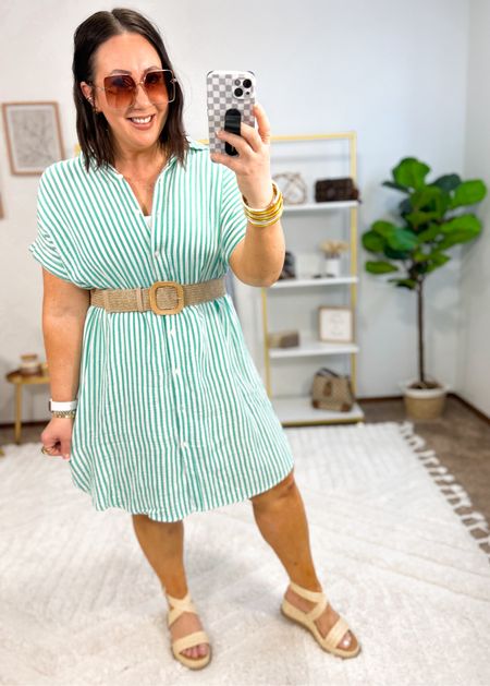 New mini shirt dress from Target!  Wearing a large in mine. Looks so cute with this stretchy belt added to it!  Comes in a 2 pack on Amazon!  XL tummy control shorts. Sandals run tts  

#LTKmidsize #LTKSeasonal #LTKfindsunder50