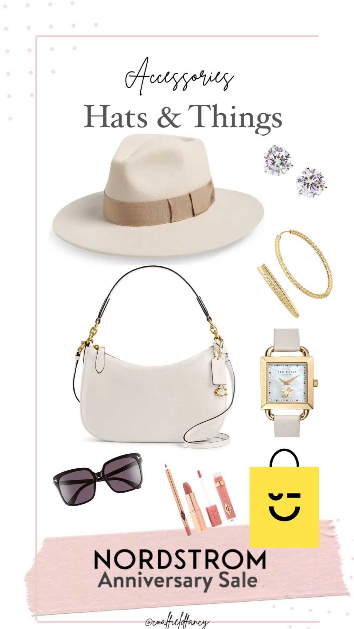 Nordstrom Anniversary 
Wide Brim hat
Pebble leather purse
Black sunglasses
White watch 
Hoop earrings 
Diamond stud earrings 

#LTKxNSale