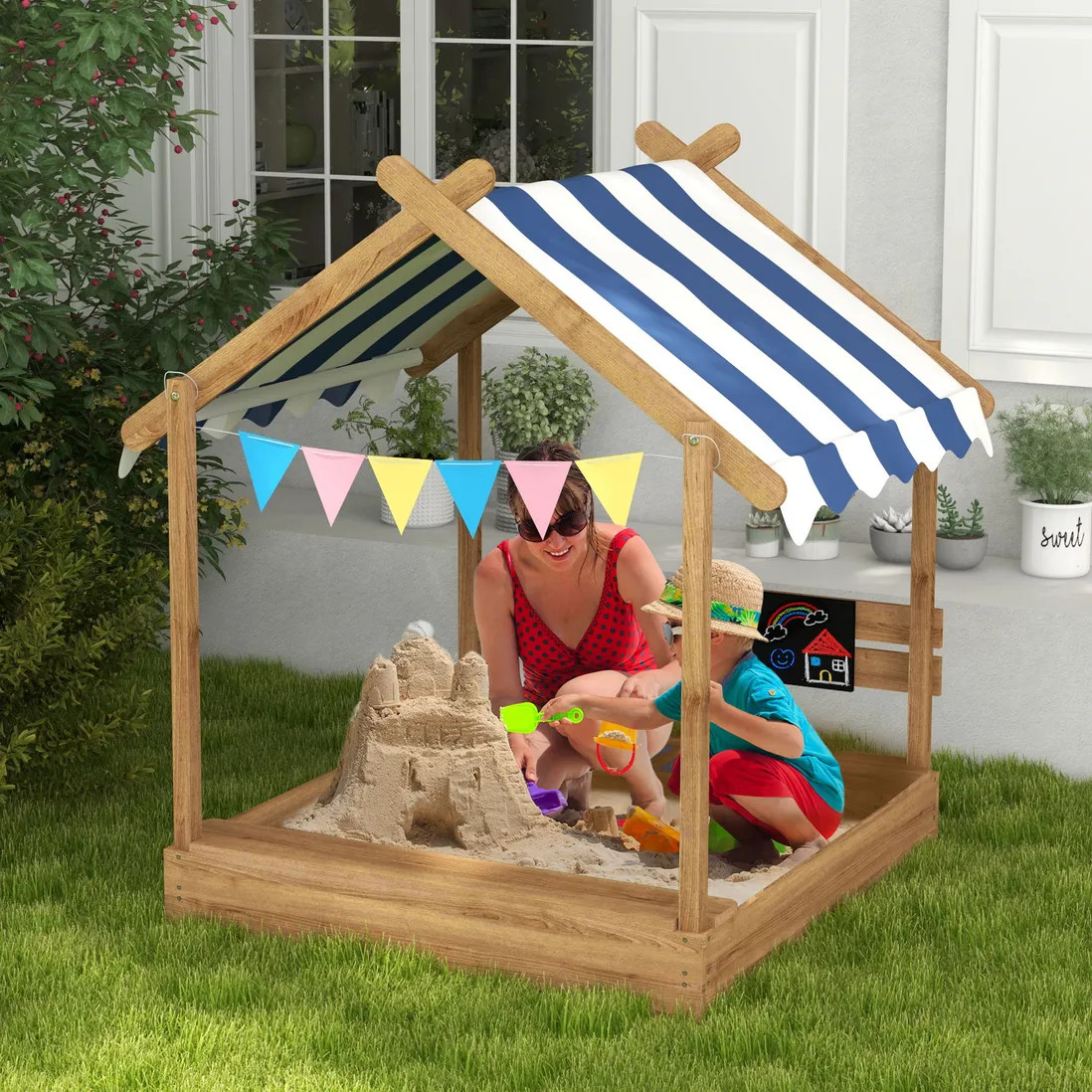 Outdoor Toys | Sand Pit with Canopy, Blackboard, Toys, Sink, Seats, Flags for Kids | OUTSUNNY | Debenhams UK