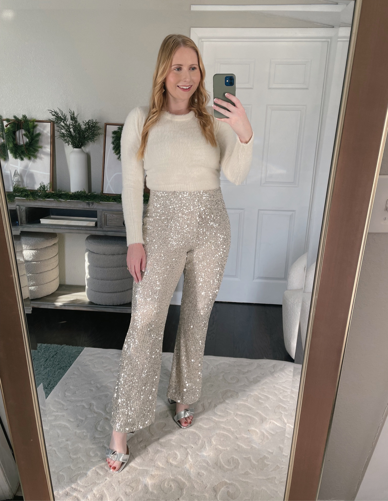 Old Navy Sequin Flare Pants (sized up to large) with an eyelash crewneck sweater (size small, runs big) // old navy fashion, old navy style, holiday outfits, sequin pants, sequin holiday outfit idea, Affordable by Amanda wears a crew eyelash sweater from Old Navy with silver sequin flare pants from Old Navy 

#LTKSeasonal #LTKHoliday #LTKsalealert