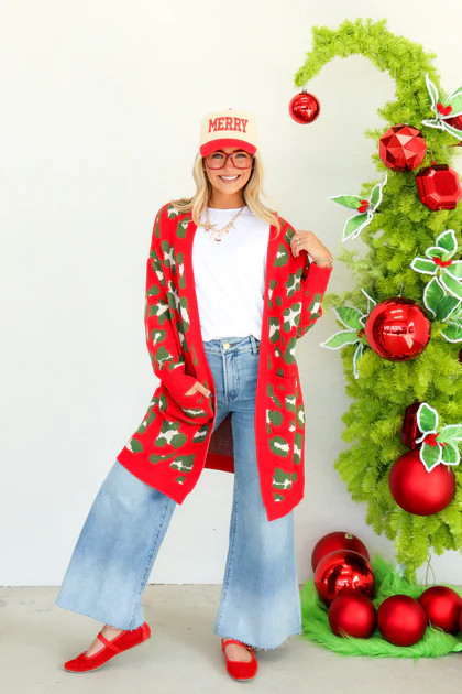 Calling It Red and Green Leopard long Sleeve Cardigan | The Willow Tree