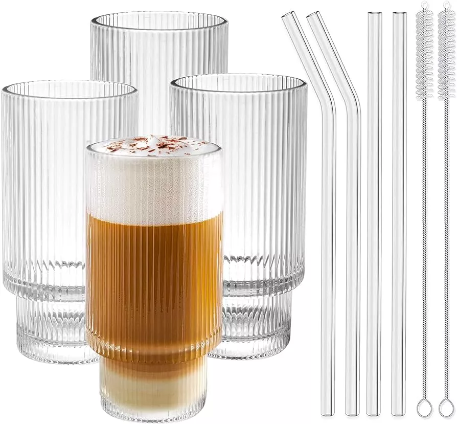 Le'raze Drinking Glasses Set of 4 - Can Shaped Glass Cups with Straws, 16oz
