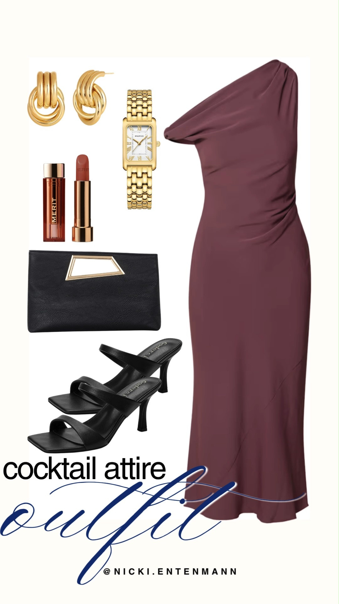 Elevate your evening wardrobe with this stunning cocktail attire outfit edit. A sophisticated one-shoulder dusty mauve midi dress is paired with strappy black heel sandals and a matching black clutch with a gold frame accent. Chunky gold twist hoop earrings, a gold square-face watch, and Merit lipstick round out this preppy, elegant look.

#cocktailattire #cocktaildress #eveningwear #fallfashion #outfitinspiration #preppycasual #chicstyle 

 #LTKgrwm #LTKootd #LTKWedding